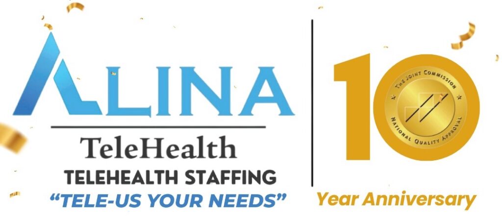 Graphic of Alina Logo and branding statement next to a gold 10 year anniversary graphic with the Joint Commission Seal in the Center of the zero.